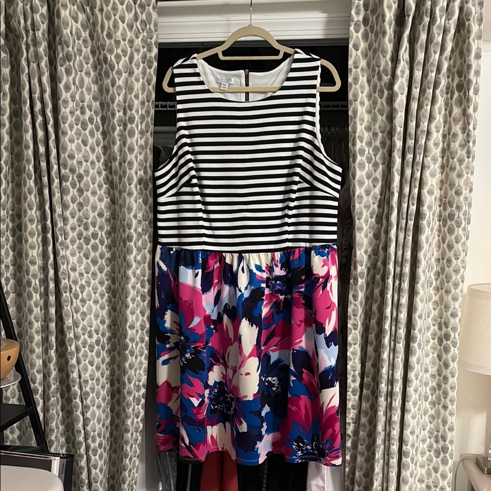 London Times Black and White Striped Floral Midi Dress